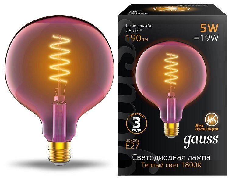 Лампа светодиодная диммируемая филаментная Gauss E27 5W 1800K розовая 1011802105. 