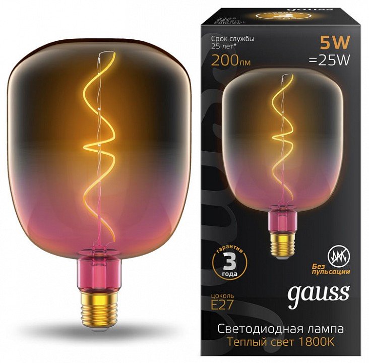 Лампа светодиодная филаментная Gauss E27 5W 1800K розовая 1010802105. 