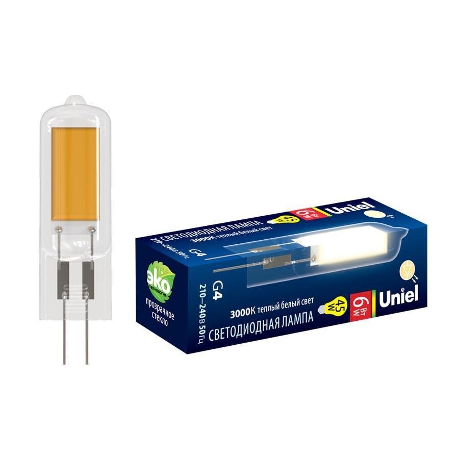 Лампа светодиодная (UL-00005065) Uniel G4 6W 3000K прозрачная LED-JC-220/6W/3000K/G4/CL GLZ08TR. 