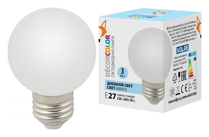 Лампа светодиодная (UL-00006956) Volpe E27 3W 6000K матовая LED-G60-3W/6000K/E27/FR/С. 