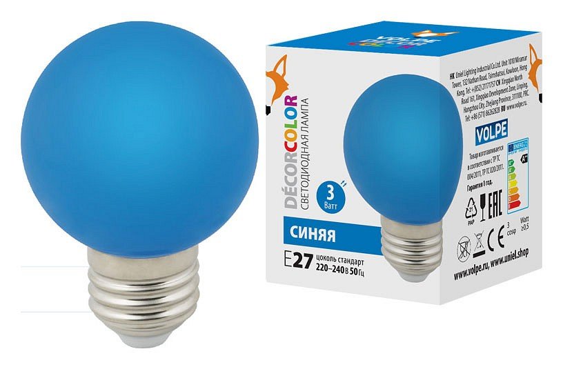 Лампа светодиодная (UL-00006957) Volpe E27 3W синяя LED-G60-3W/Blue/E27/FR/С. 