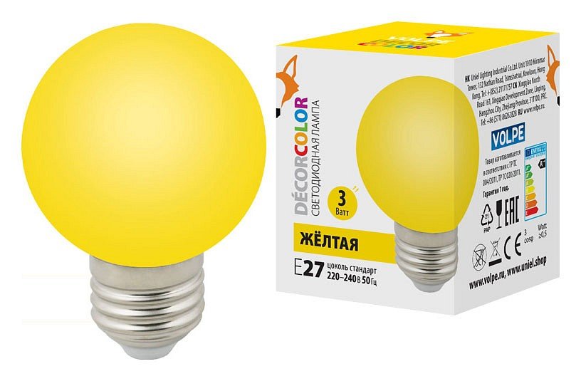 Лампа светодиодная (UL-00006961) Volpe E27 3W желтая LED-G60-3W/Yellow/E27/FR/С. 