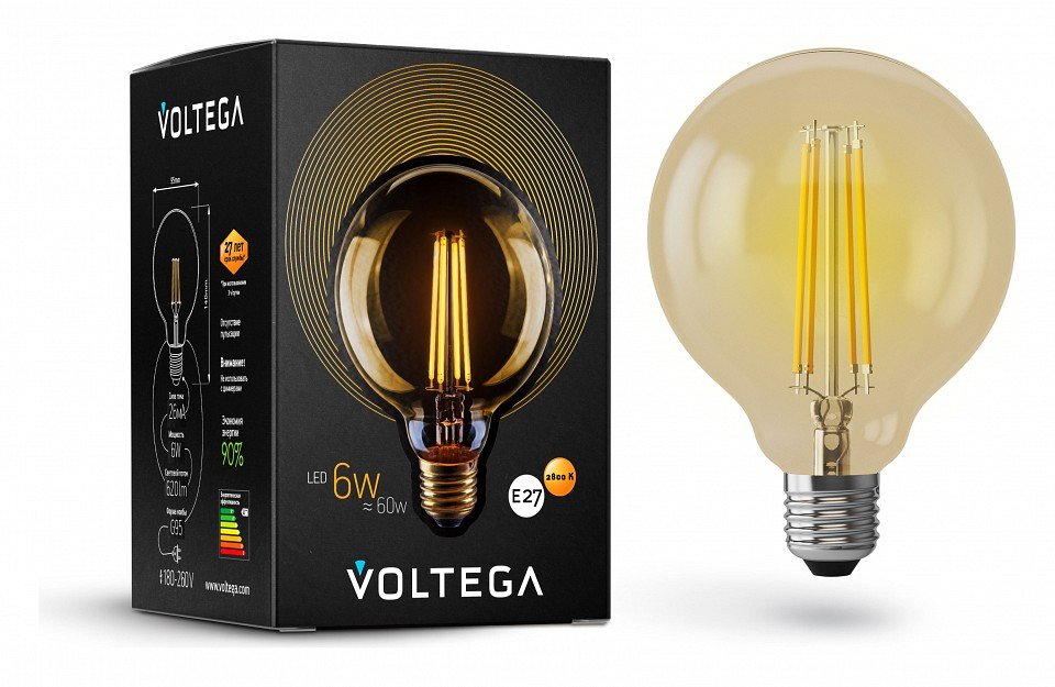 Лампа светодиодная Voltega Globe E27 6Вт 2800K VG10-G95GE27warm6W. 