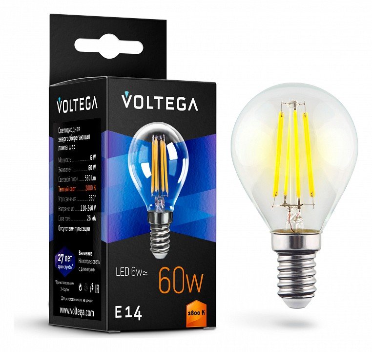 Лампа светодиодная Voltega Crystal E14 6Вт 2800K VG10-G1E14warm6W-F. 