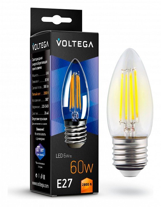 Лампа светодиодная Voltega Candle E27 6Вт 2800K VG10-C1E27warm6W-F. 