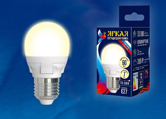 Лампа светодиодная Uniel Palazzo E27 7Вт 3000K LED-G45 7W/WW/E27/FR PLP01WH картон. 