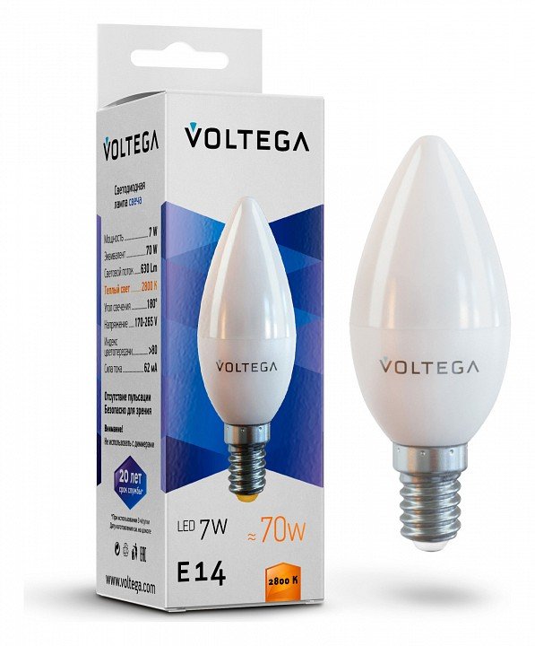 Лампа светодиодная Voltega Simple E14 Вт 2800K VG2-C37E14warm7W. 