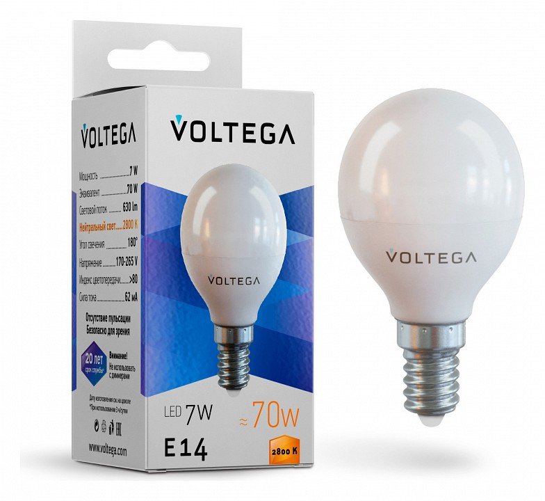 Лампа светодиодная Voltega Simple E14 Вт 2800K VG2-G45E14warm7W. 