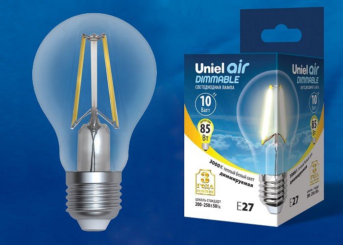 Лампочка светодиодная Uniel LED-A60-10W/3000K/E27/CL/DIM GLA01TR картон. 