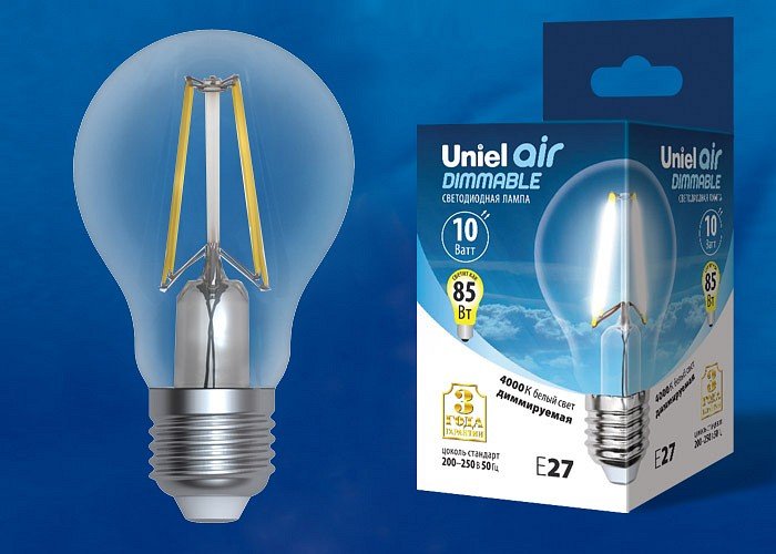 Лампочка светодиодная Uniel LED-A60-10W/4000K/E27/CL/DIM GLA01TR картон. 