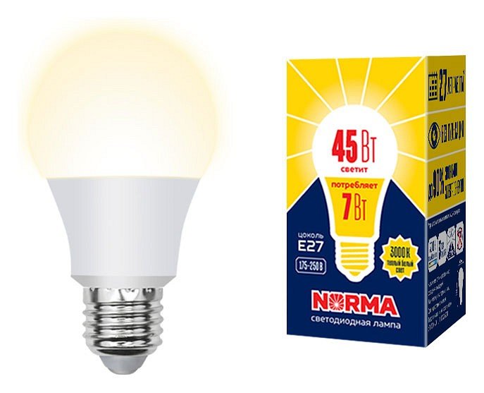 Лампочка светодиодная Volpe LED-A60-7W/3000K/E27/FR/NR картон. 