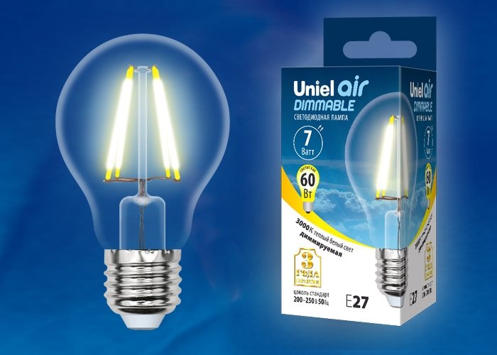 Лампочка светодиодная Uniel LED-A60-7W/WW/E27/CL/DIM GLA01TR картон. 