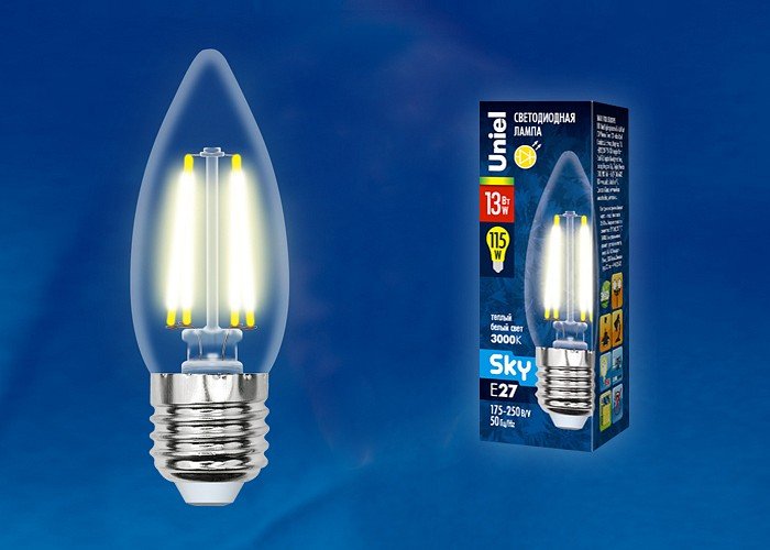Лампочка светодиодная Uniel LED-C35-13W/3000K/E27/CL PLS02WH картон. 