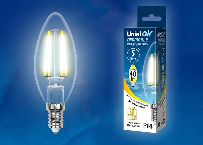 Лампочка светодиодная Uniel LED-C35-5W/WW/E14/CL/DIM GLA01TR картон. 