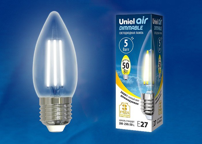 Лампочка светодиодная  LED-C35-5W/WW/E27/CL/DIM GLA01TR картон. 