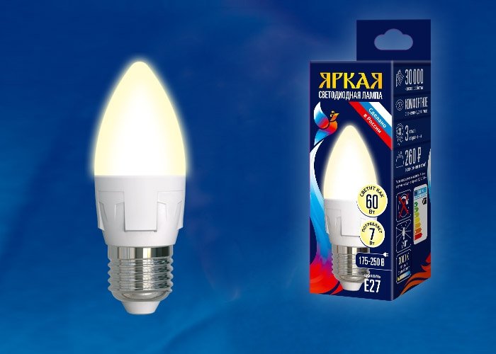 Лампочка светодиодная Uniel LED-C37 7W/WW/E27/FR PLP01WH картон. 