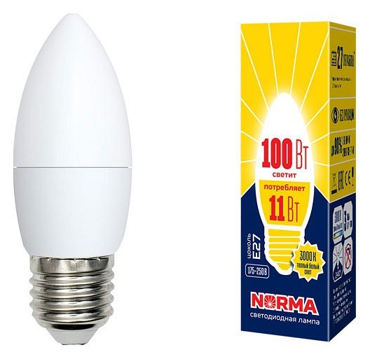 Лампочка светодиодная Volpe LED-C37-11W/WW/E27/FR/NR картон. 