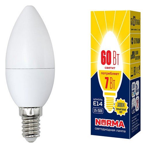 Лампочка светодиодная Volpe LED-C37-7W/WW/E14/FR/NR картон. 