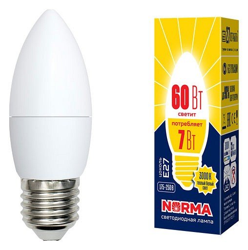 Лампочка светодиодная Volpe LED-C37-7W/WW/E27/FR/NR картон. 