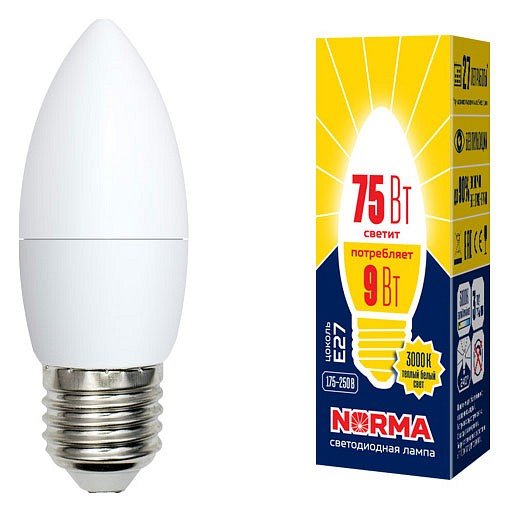 Лампочка светодиодная Volpe LED-C37-9W/WW/E27/FR/NR картон. 