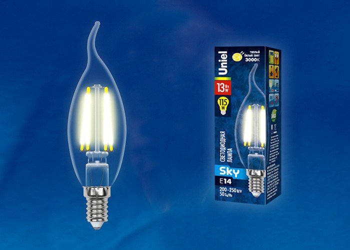 Лампочка светодиодная Uniel LED-CW35-13W/3000K/E14/CL PLS02WH картон. 
