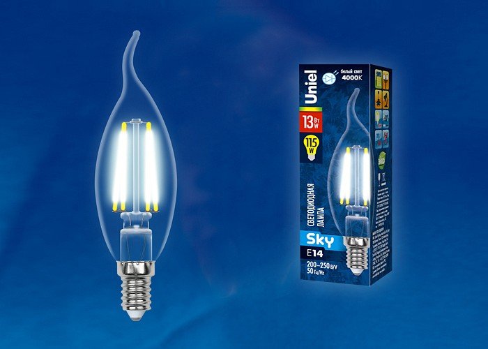 Лампочка светодиодная Uniel LED-CW35-13W/4000K/E14/CL PLS02WH картон. 
