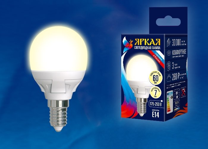 Лампочка светодиодная Uniel LED-G45 7W/WW/E14/FR PLP01WH картон. 