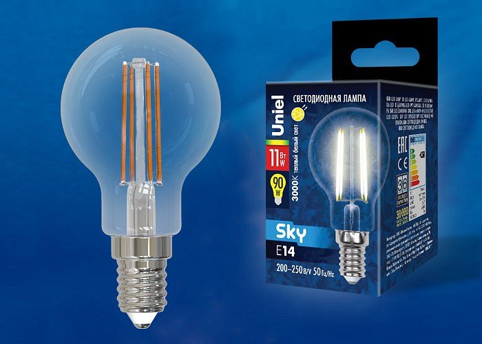 Лампочка светодиодная Uniel LED-G45-11W/3000K/E14/CL PLS02WH картон. 