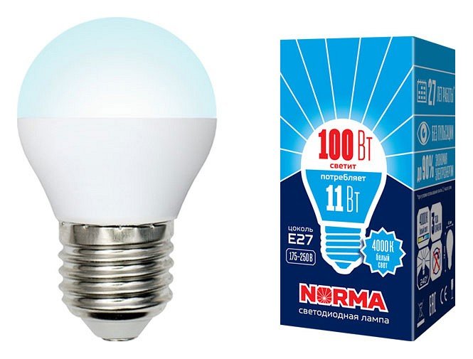 Лампочка светодиодная Volpe LED-G45-11W/NW/E27/FR/NR картон. 