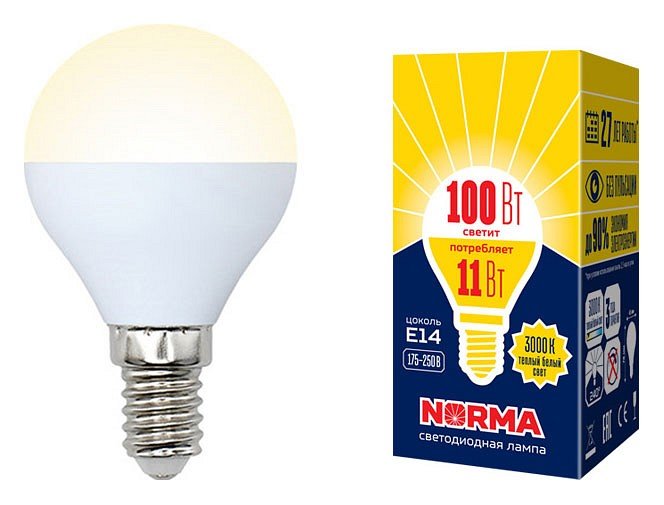 Лампочка светодиодная Volpe LED-G45-11W/WW/E14/FR/NR картон. 