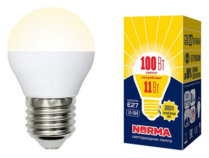 Лампочка светодиодная Volpe LED-G45-11W/WW/E27/FR/NR картон. 