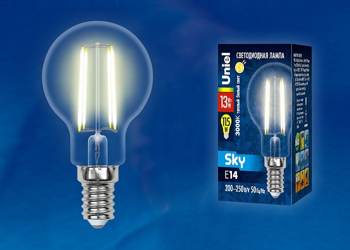 Лампочка светодиодная Uniel LED-G45-13W/3000K/E14/CL PLS02WH картон. 