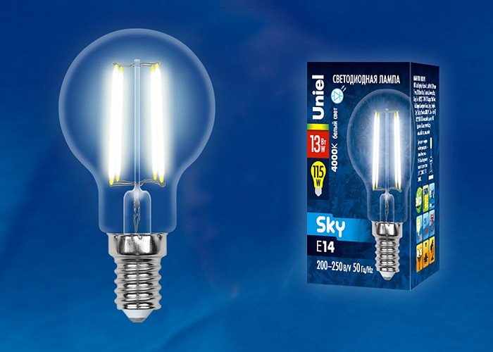 Лампочка светодиодная Uniel LED-G45-13W/4000K/E14/CL PLS02WH картон. 