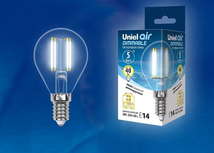 Лампочка светодиодная Uniel LED-G45-5W/NW/E14/CL/DIM GLA01TR картон. 