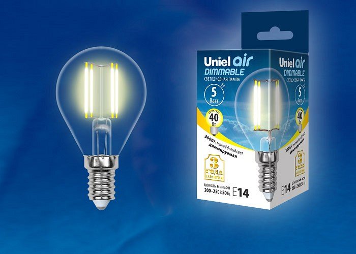 Лампочка светодиодная Uniel LED-G45-5W/WW/E14/CL/DIM GLA01TR картон. 