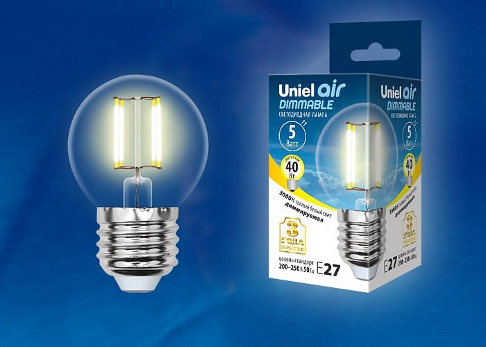 Лампочка светодиодная Uniel LED-G45-5W/WW/E27/CL/DIM GLA01TR картон. 
