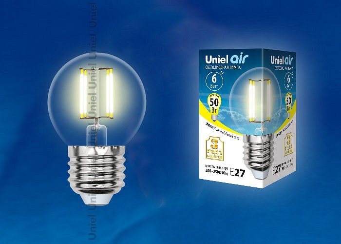 Лампочка светодиодная  LED-G45-6W/WW/E27/CL GLA01TR картон. 