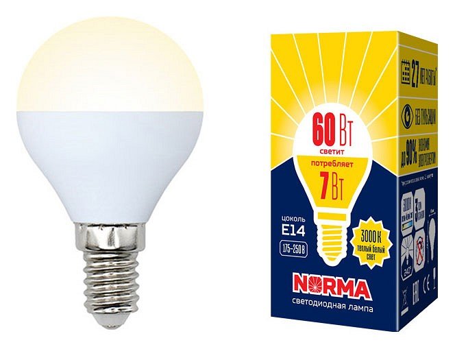 Лампочка светодиодная Volpe LED-G45-7W/WW/E14/FR/NR картон. 