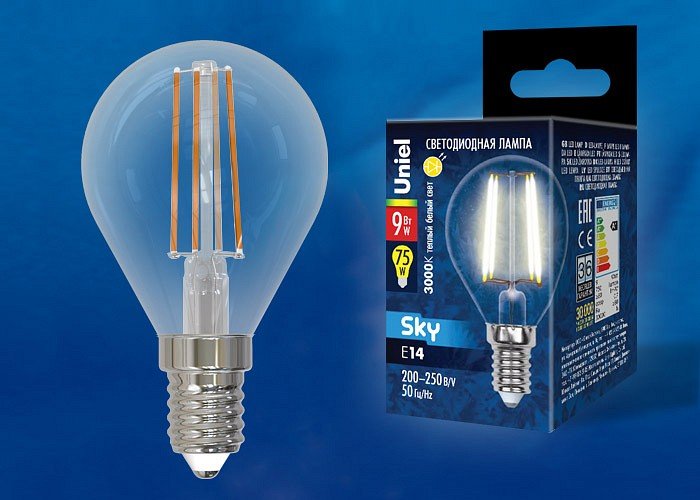 Лампочка светодиодная Uniel LED-G45-9W/3000K/E14/CL PLS02WH картон. 