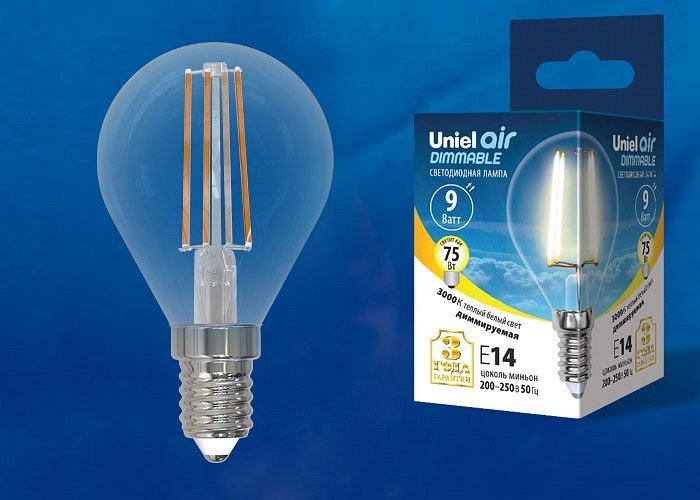 Лампочка светодиодная Uniel LED-G45-9W/3000K/E14/CL/DIM GLA01TR картон. 
