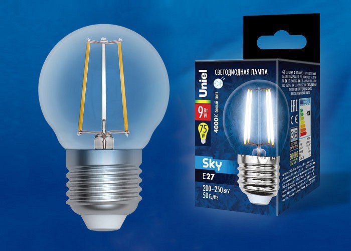 Лампочка светодиодная Uniel LED-G45-9W/4000K/E27/CL PLS02WH картон. 