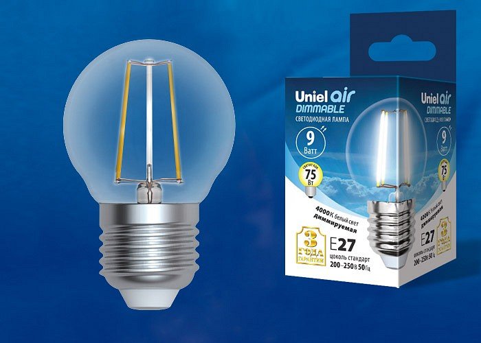 Лампочка светодиодная Uniel LED-G45-9W/4000K/E27/CL/DIM GLA01TR картон. 