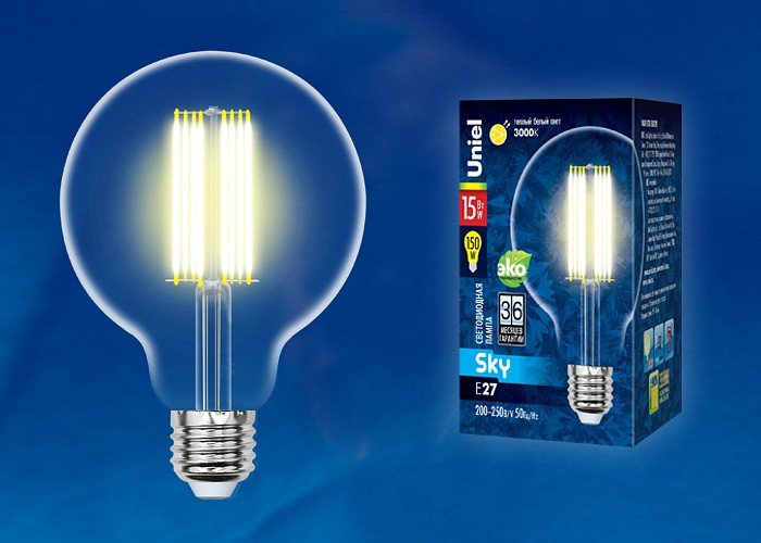 Лампочка светодиодная Uniel LED-G95-15W/3000K/E27/CL PLS02WH картон. 