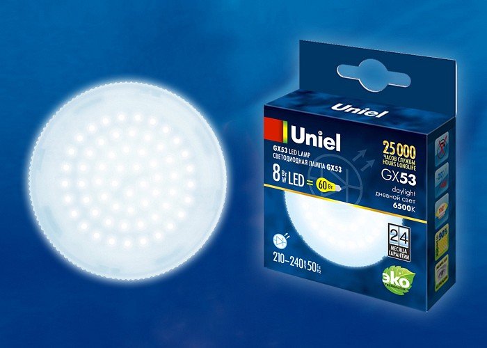 Лампочка светодиодная Uniel LED-GX53-8W/6500K/GX53/FR PLZ01WH картон. 