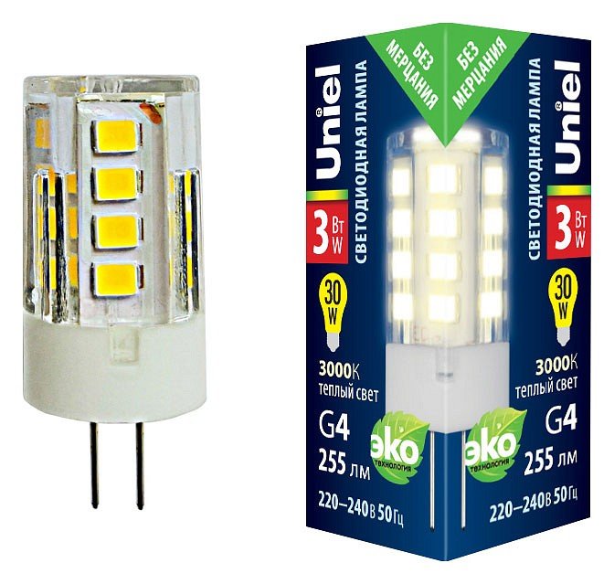 Лампочка светодиодная  LED-JC-220/3W/3000K/G4/CL GLZ09TR картон. 