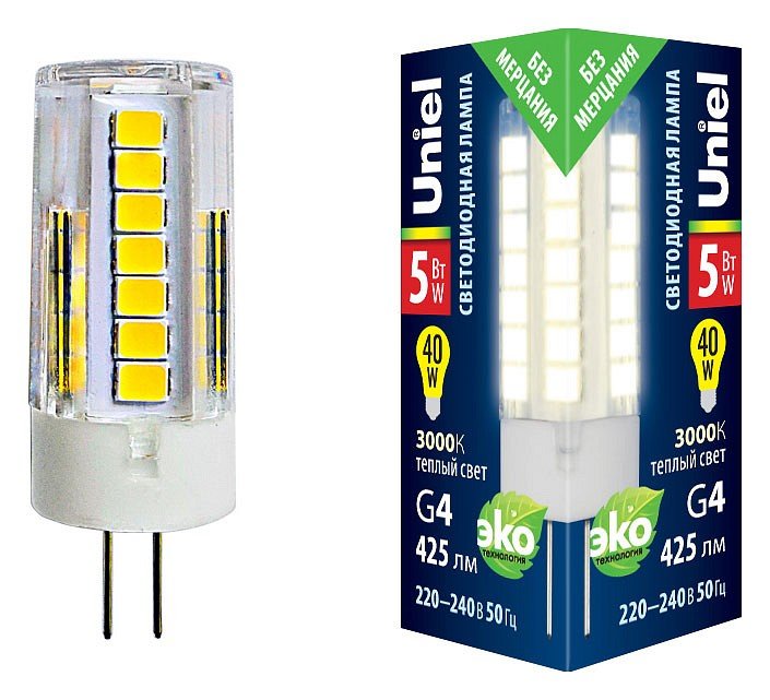 Лампочка светодиодная Uniel LED-JC-220/5W/3000K/G4/CL GLZ09TR картон. 
