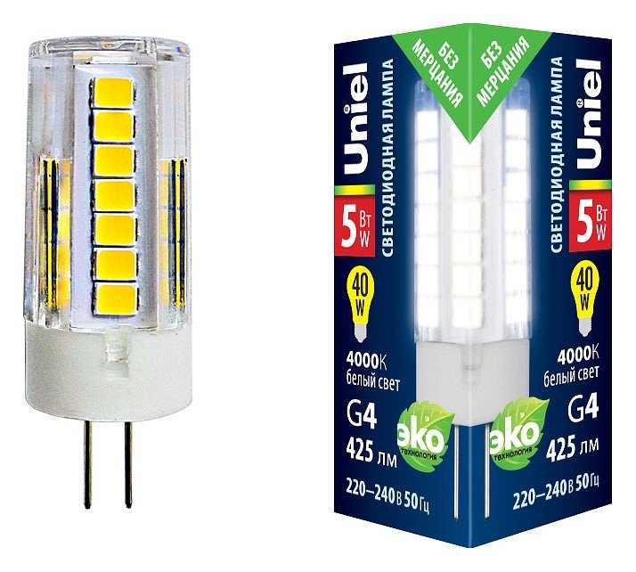 Лампочка светодиодная Uniel LED-JC-220/5W/4000K/G4/CL GLZ09TR картон. 