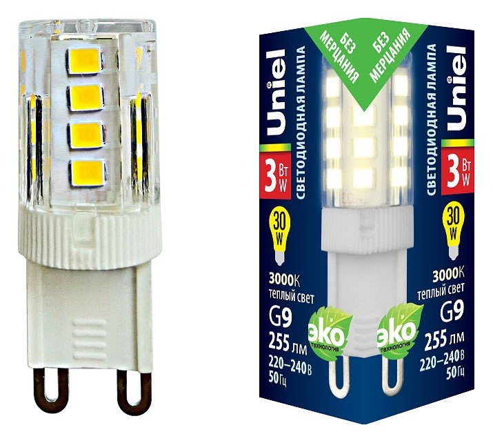 Лампочка светодиодная  LED-JCD-3W/3000K/G9/CL GLZ09TR картон. 