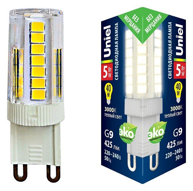 Лампочка светодиодная Uniel LED-JCD-5W/3000K/G9/CL GLZ09TR картон. 