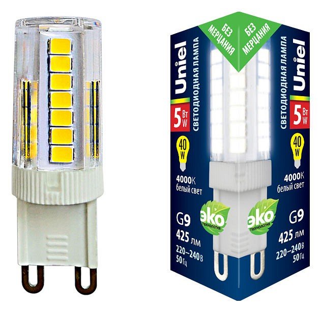 Лампочка светодиодная Uniel LED-JCD-5W/4000K/G9/CL GLZ09TR картон. 